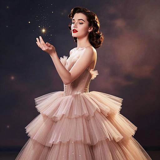 Elegant Woman in Blush Pink Tulle Ball Gown Holding Sparkling Star