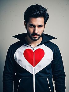 Confident Man in Black and White Hoodie with Red Heart