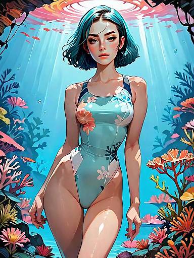 Realistic Digital Illustration of Woman in Floral Long Sleeve Swimsuit Underwater