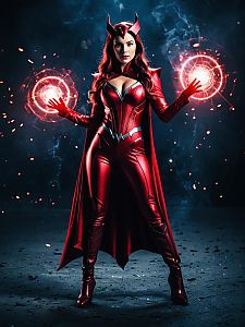 Woman in Scarlet Witch Cosplay Costume with Glowing Magic Effects Full Body Photo