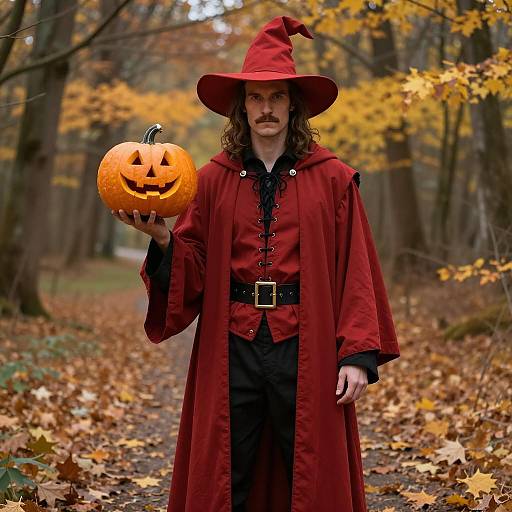 Man in Red Wizard Costume Holding Carved Pumpkin in Autumn Forest for Halloween