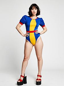Pop Art Inspired Color Block Bodysuit in Primary Blue and Yellow with Red Accents