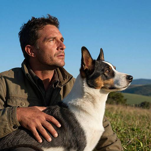 Man and Tricolor Dog in Outdoor Field Setting
