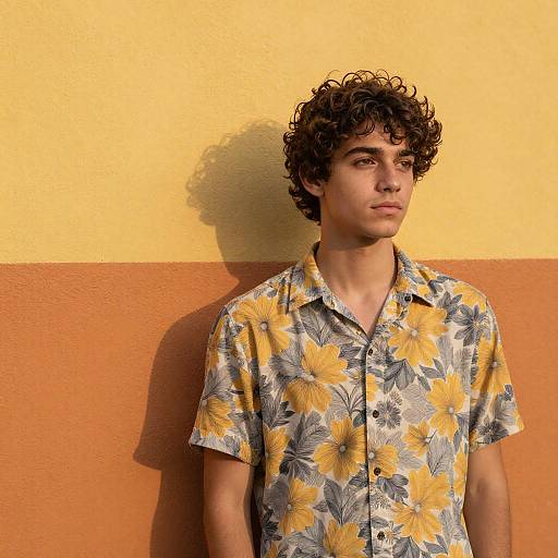 Young Man in Floral Shirt Against Yellow Orange Wall
