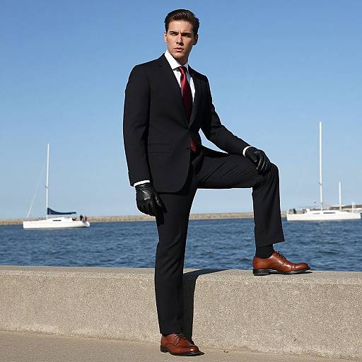 Man in Black Suit with Red Tie by Waterfront with Sailboats