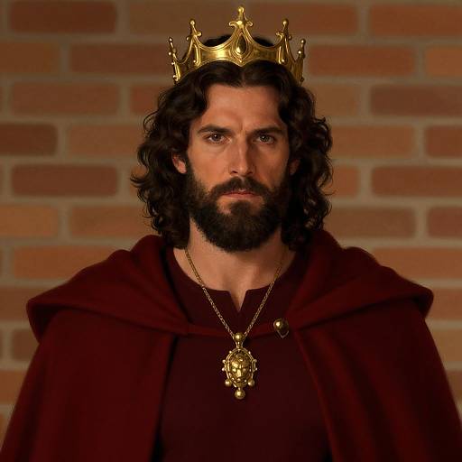 Regal Man Wearing Golden Crown and Maroon Cloak with Medieval Style