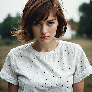 Young Woman in White Blouse with Polka Dots