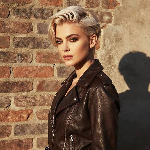 Chic Woman in Leather Jacket with Short Platinum Hair Outdoors