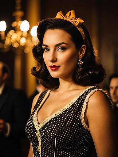 Woman in Retro Party Dress Costume in Vintage Style Cinematic Realism