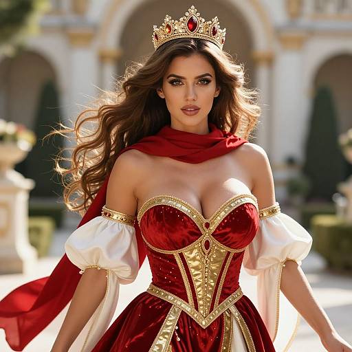 Regal Woman in Red and Gold Velvet Gown with Crown in Historic Courtyard