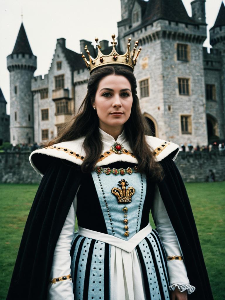 Woman in Queen Costume Photorealistic Outdoor Portrait in Castle Setting