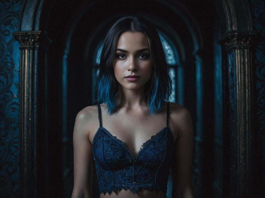 Confident Woman in Blue Lace Crop Top with Gothic Background