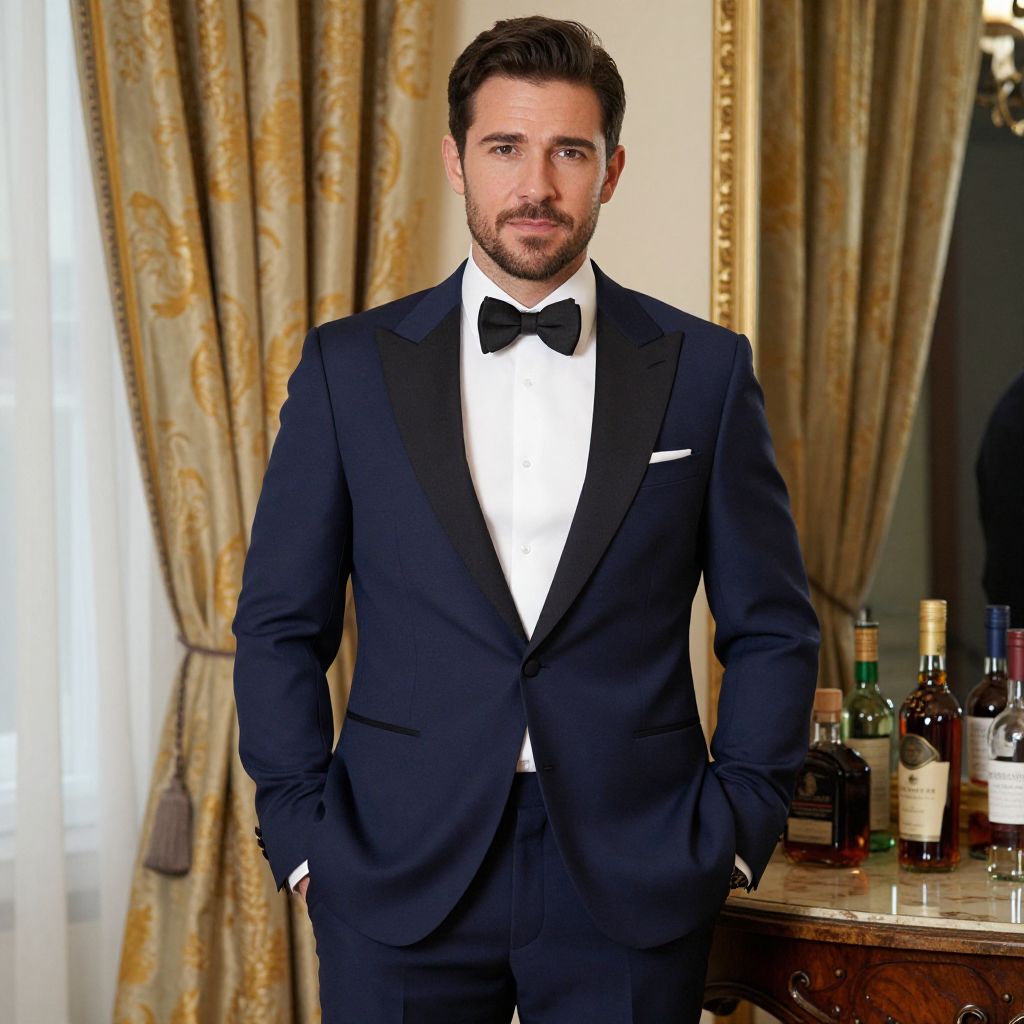Confident Man in Navy Blue Tuxedo Standing in Luxurious Room with Liquor Bottles