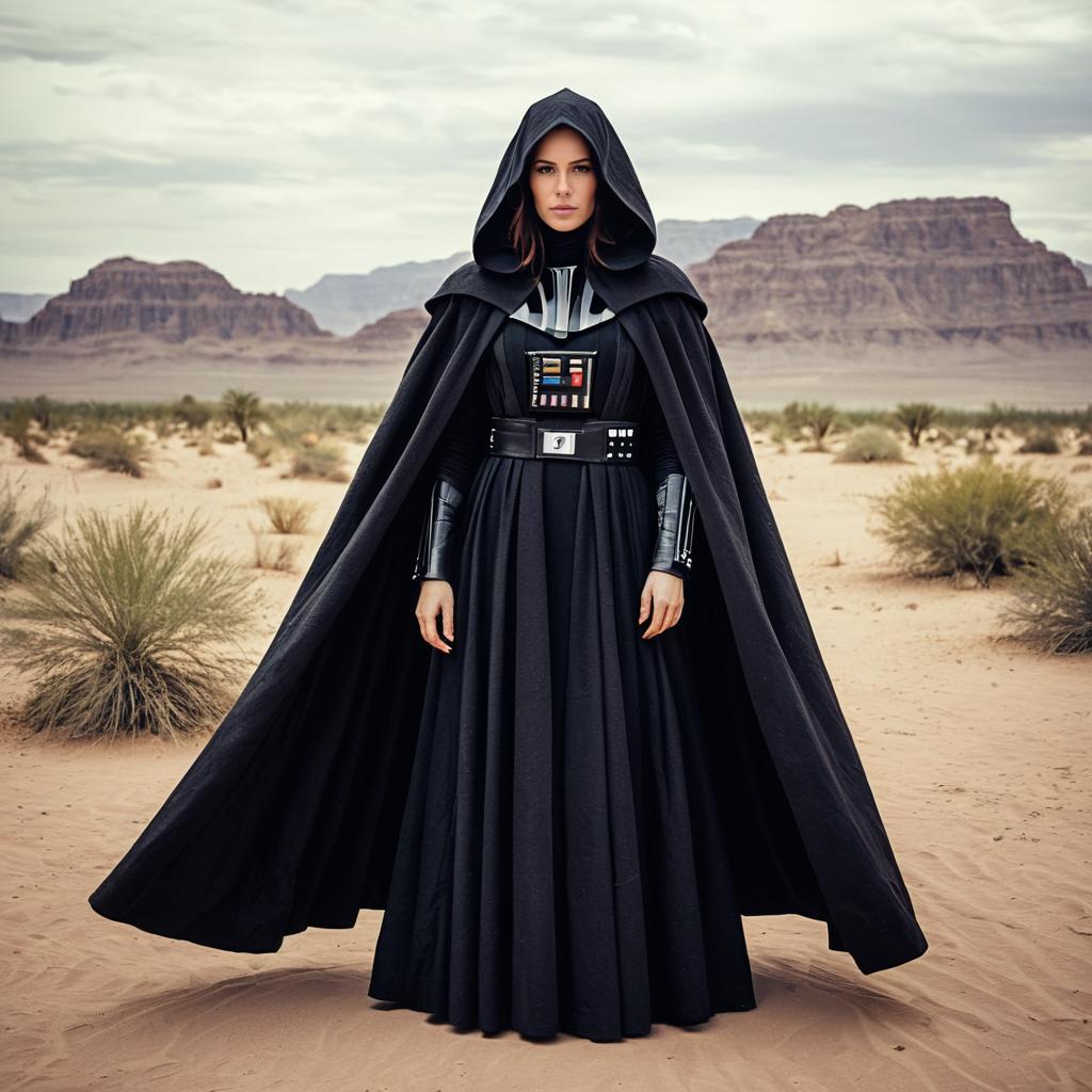 Woman in Dark Lord Cloak and Armor Standing in Desert Landscape