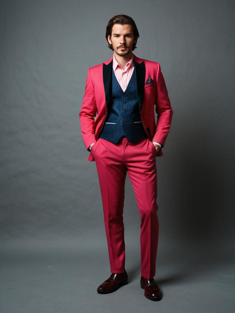 Man in Stylish Pink Prom Costume with Navy Blue Waistcoat
