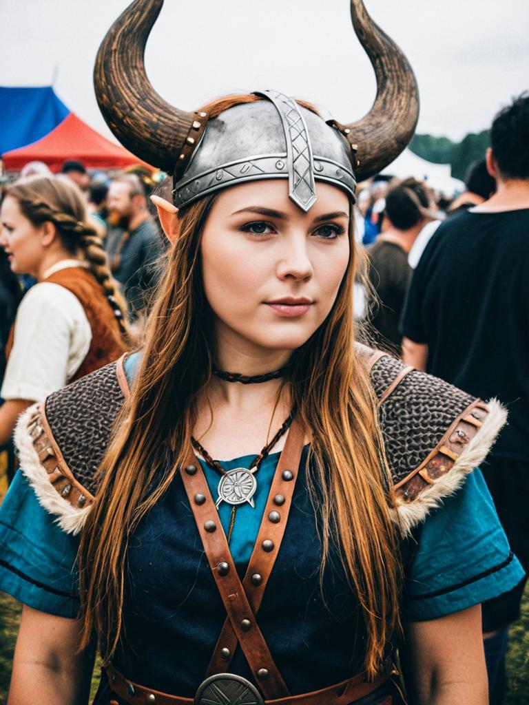 Woman in Viking Costume Candid Cosplay Portrait at Festival