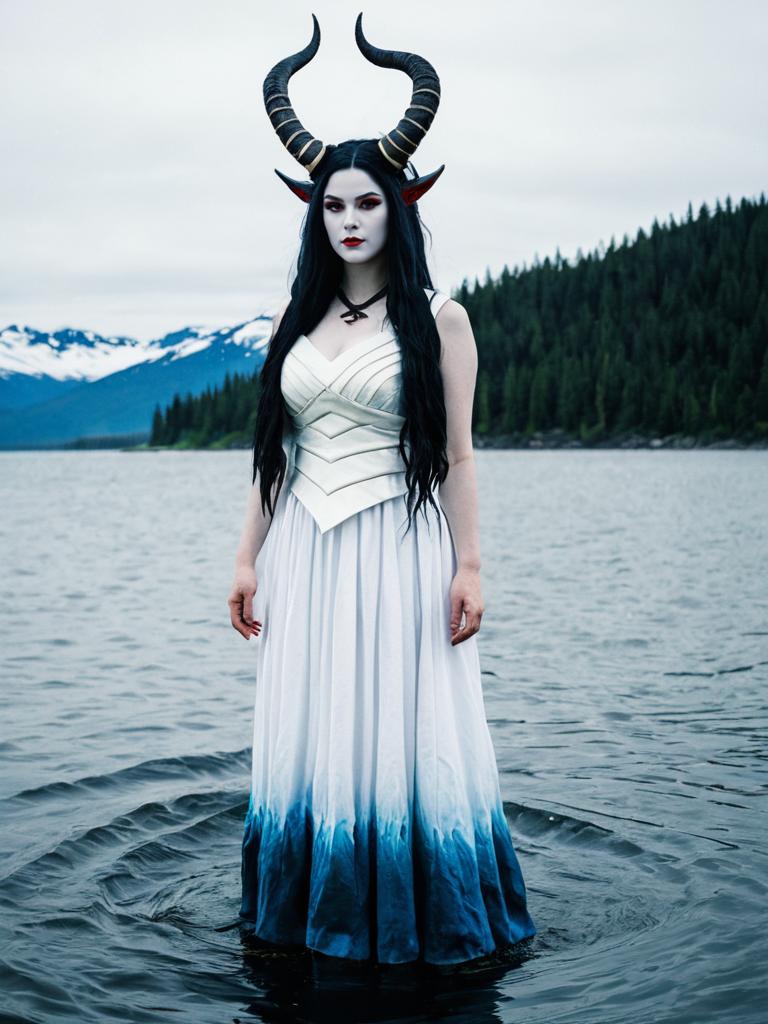 Fantasy Water Oni Woman with Horns in Lake Surrounded by Alaskan Wilderness