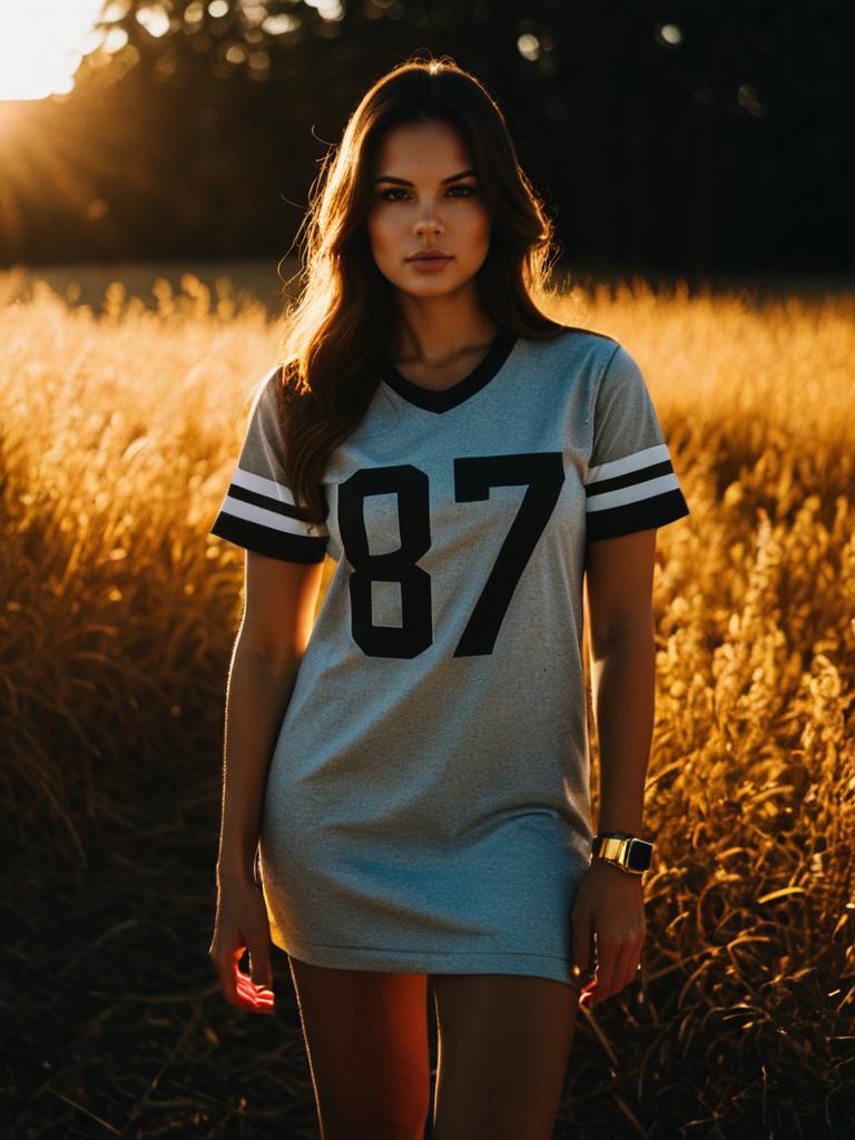 Woman in Gray Sportswear Mini Dress with Number 87 in Golden Hour Field