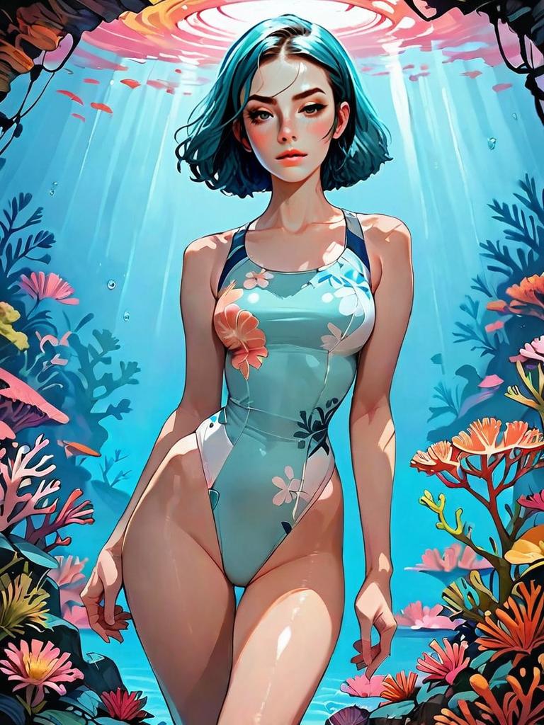 Realistic Digital Illustration of Woman in Floral Long Sleeve Swimsuit Underwater