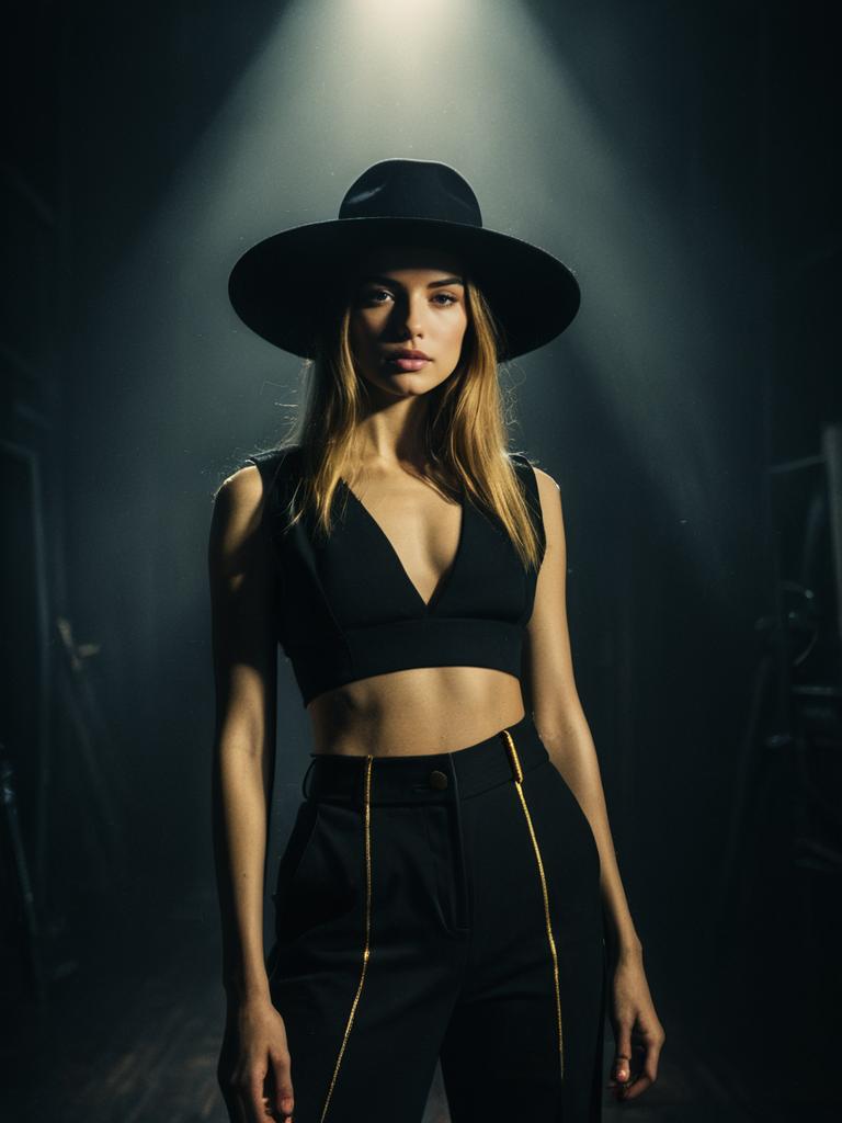 Minimalist Chic Woman in Black Sleeveless Deep V Crop Top and Wide-Brimmed Hat
