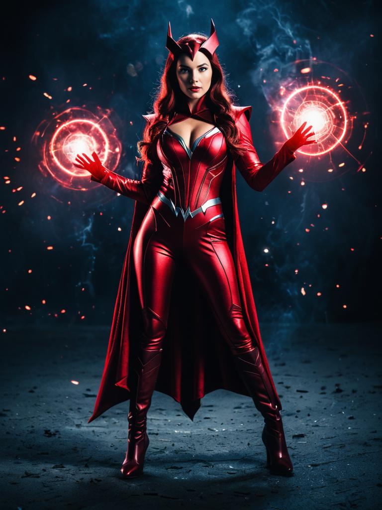 Woman in Scarlet Witch Cosplay Costume with Glowing Magic Effects Full Body Photo