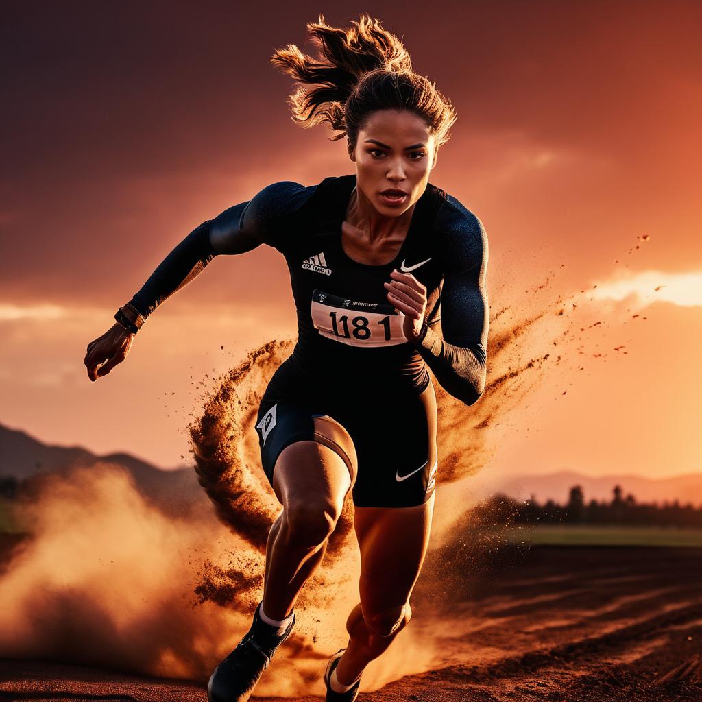 Female Athlete Sprinting at Sunset