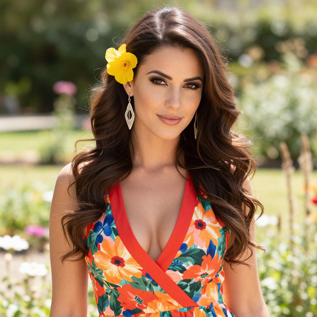 Woman in Vibrant Floral Dress with Yellow Flower in Hair Outdoors