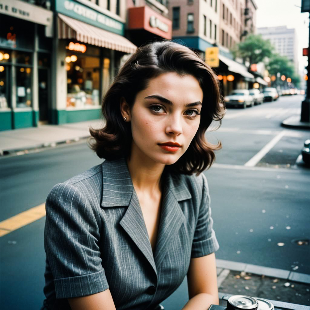 Stylish Woman in Vintage Gray Striped Suit