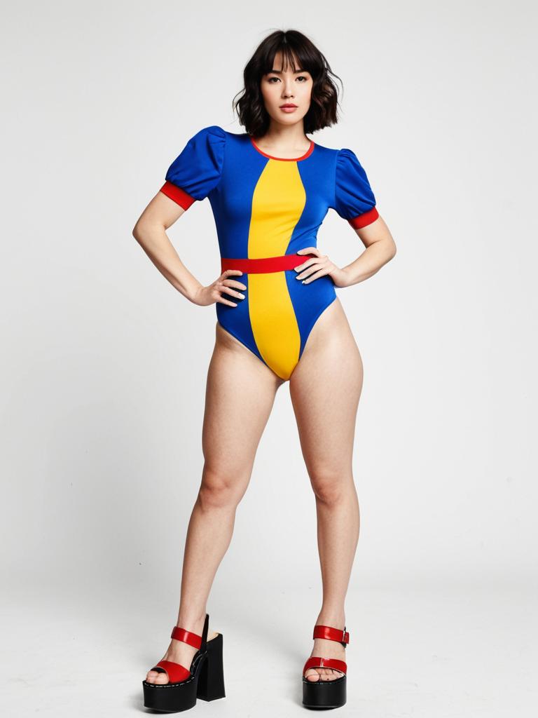 Pop Art Inspired Color Block Bodysuit in Primary Blue and Yellow with Red Accents