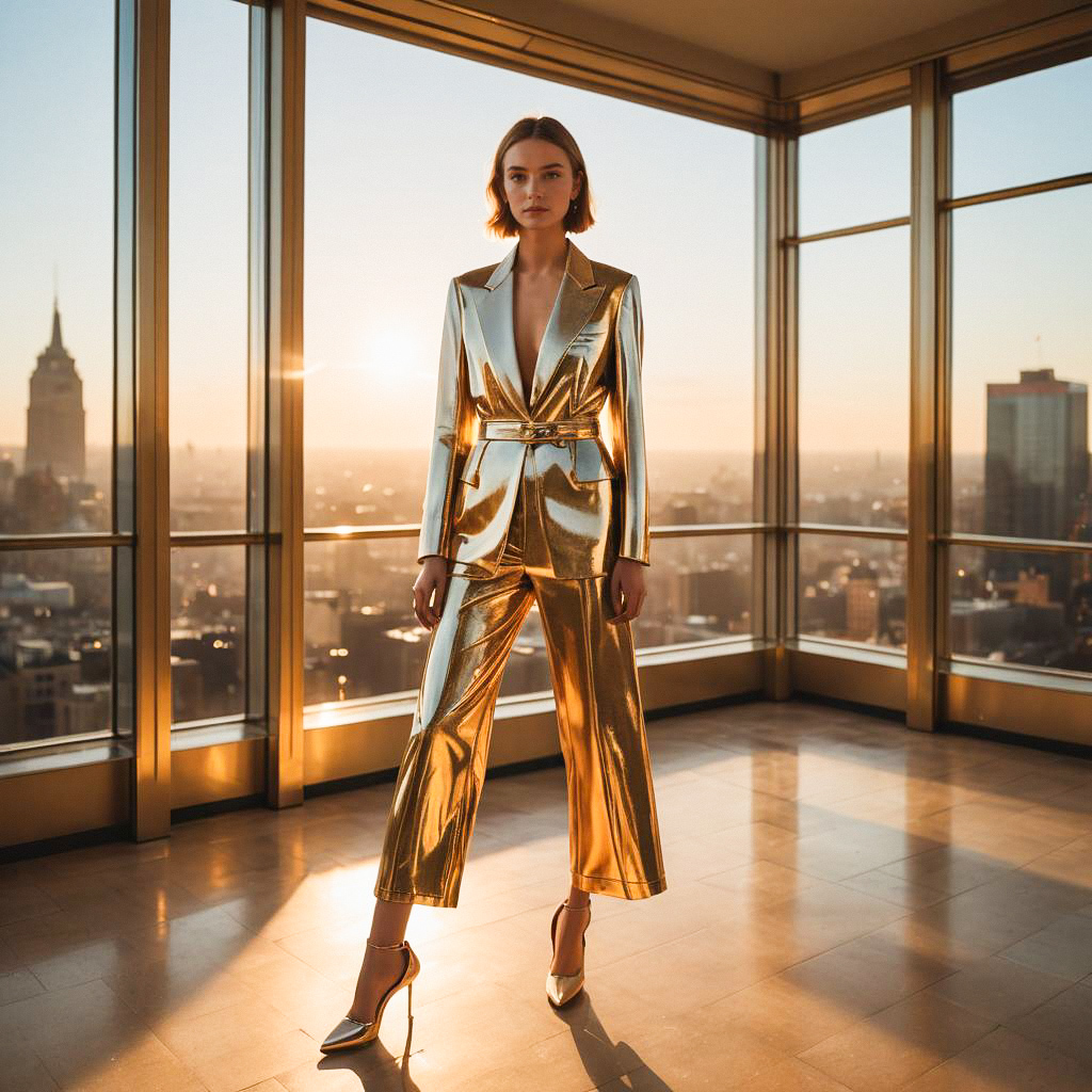 Confident Woman in Gold Pantsuit at Sunset