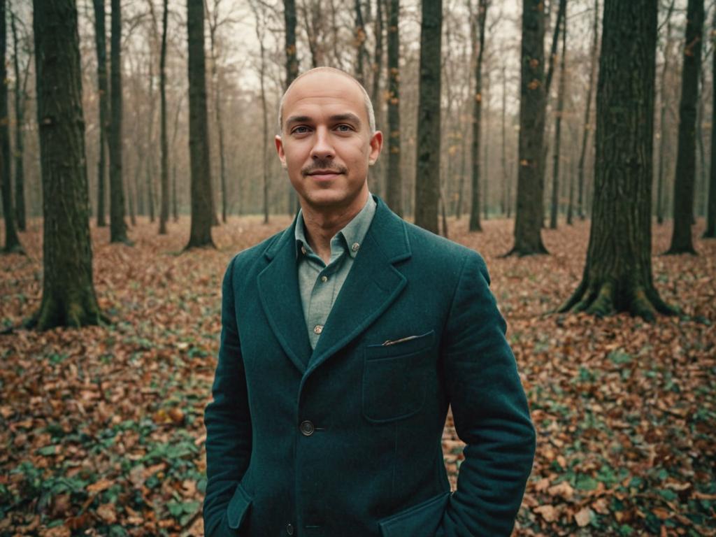 Man in Forest with Thoughtful Expression