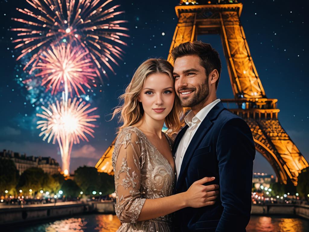 Couple at Eiffel Tower with Fireworks