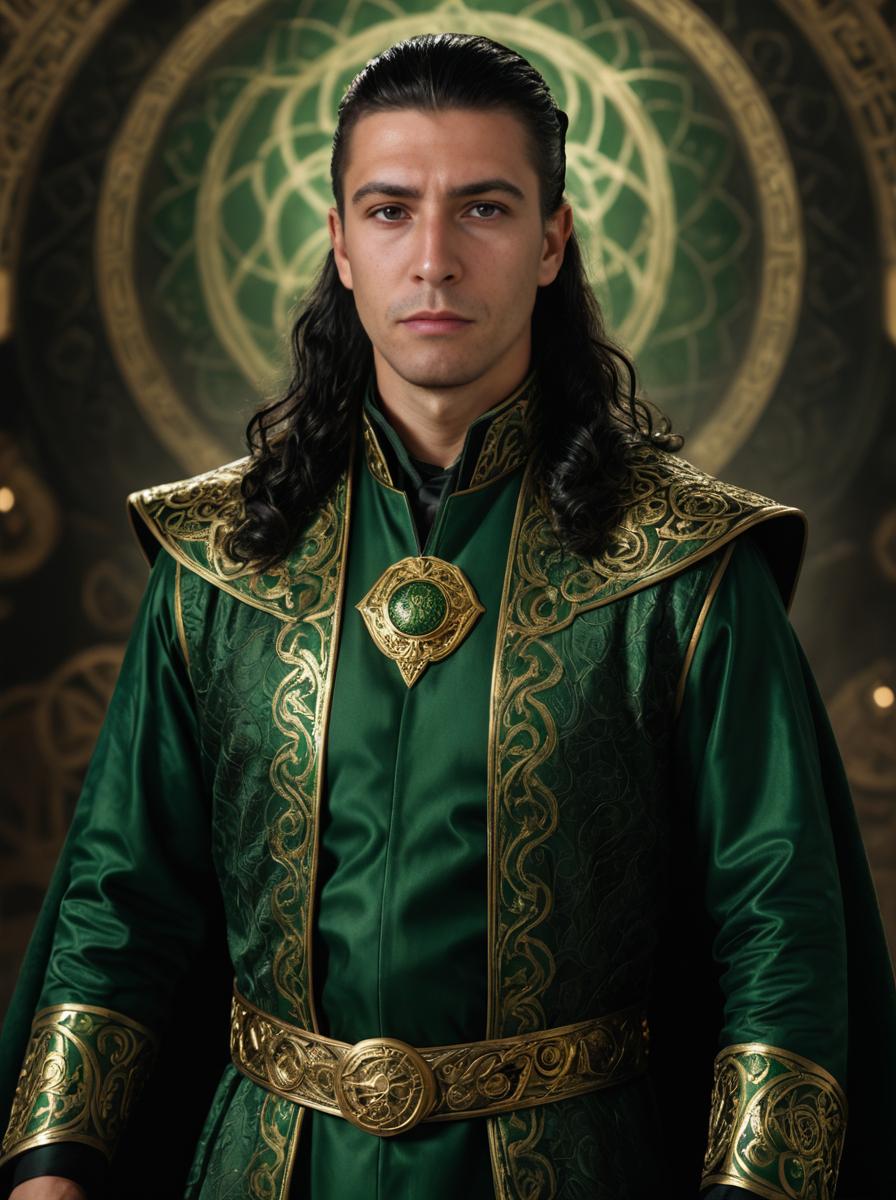 Man in Majestic Green Robe with Golden Details