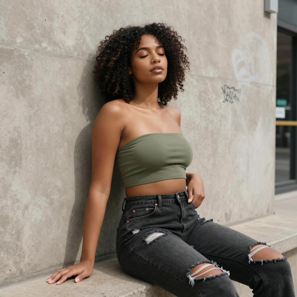 Young Woman in Ripped Jeans and Green Tube Top Relaxing Against Concrete Wall