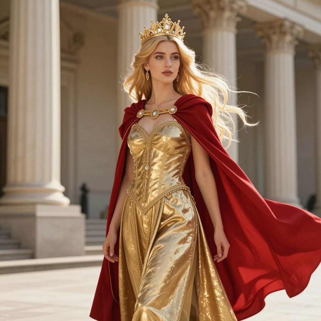 Regal Woman in Gold Gown and Red Cape with Crown