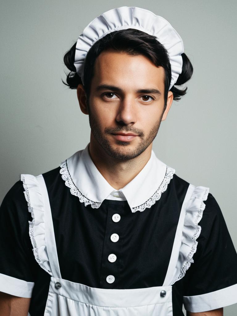 Man in French Maid Outfit Costume Professional Cosplay Studio Headshot Man in French Maid Outfit Costume Professional Cosplay Studio Headshot