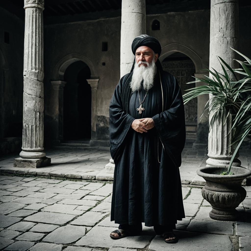 Elderly Man in Traditional Religious Attire Standing in Historic Courtyard