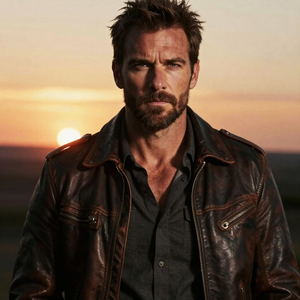 Rugged Man in Leather Jacket at Sunset