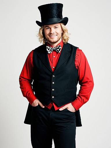 Plus Size Man in Mad Hatter Costume with Top Hat and Bow Tie