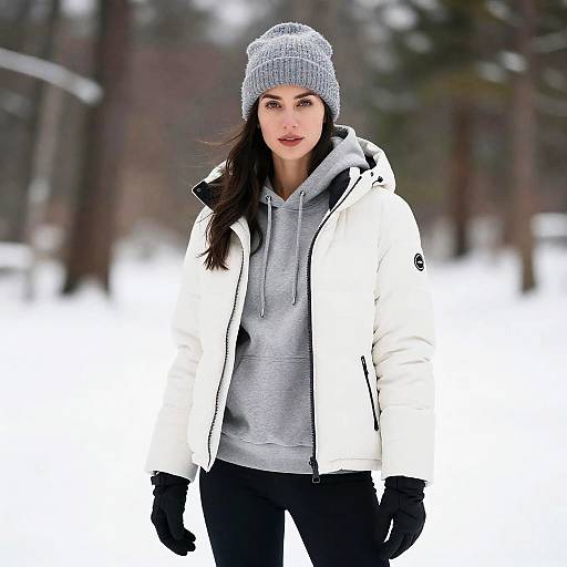 Woman Wearing White Puffer Jacket and Grey Hoodie in Snowy Outdoor Setting