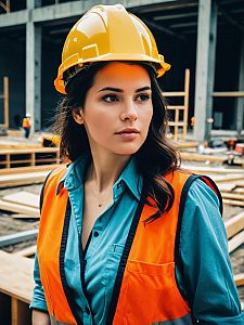 Woman in Construction Project Costume with Hard Hat and Safety Vest