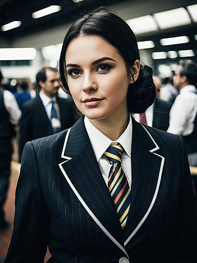 Woman in Formal Pinstripe Business Attire with Striped Tie at Professional Gathering