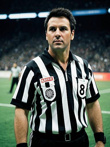 Photorealistic Portrait of Man in Referee Costume on Sports Field