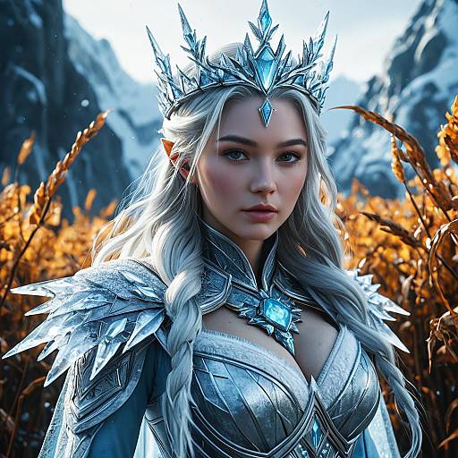 Fantasy Elf Queen in Silver Armor and Crystal Crown in Mountain Landscape