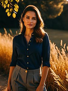Elegant Woman in Navy Blouse and Grey Trousers During Golden Hour Outdoors