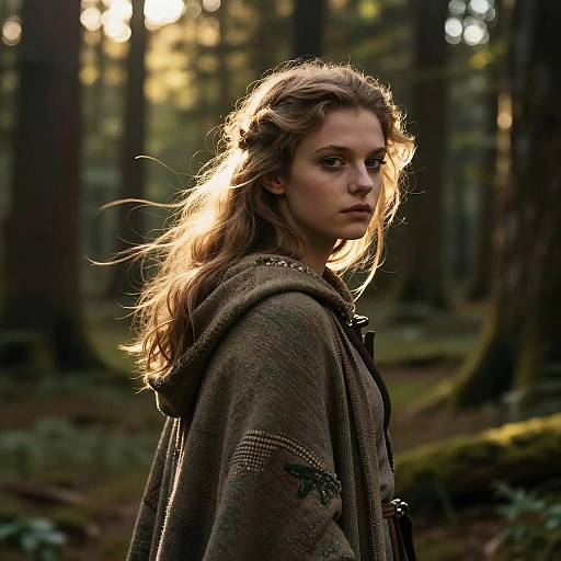 Young Woman in Medieval Cloak Standing in Mystical Forest