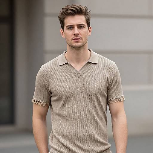 Young Man Wearing Beige Knitted Polo Shirt with Fringe Sleeves