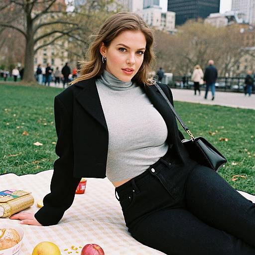 Stylish Woman Enjoying Picnic in City Park Wearing Black Cropped Jacket and Gray Turtleneck