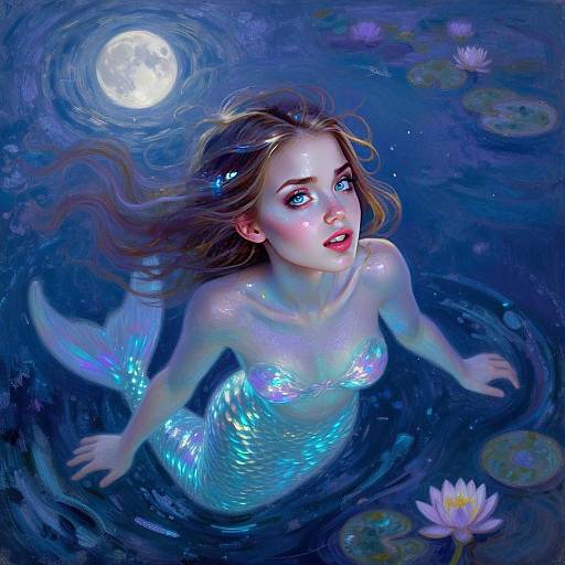 Luminous Mermaid Under Moonlight in Serene Fantasy Night Scene