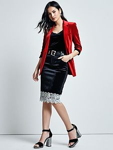 Elegant Woman in Black Velvet Dress and Red Velvet Blazer High Fashion